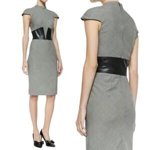 L'Agence Wool Houndstooth Pencil Dress Sheath Knee Length Leather Corset Waist